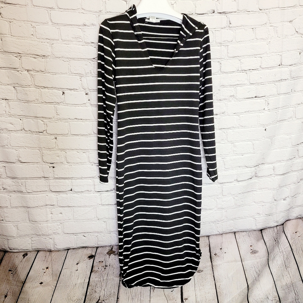 NWT Black White Stripe Hooded Long Sleeve Dress